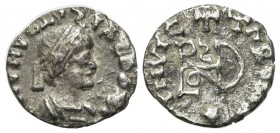 Ostrogoths, Theoderic (493-526); AR Quarter Siliqua (g 0.73; mm 11; h 6). In the name of Anastasius I. Mediolanum, ca. 491-501. Pearl-diademed and man...