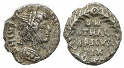 Ostrogoths, Athalaric (526-534); AR Quarter Siliqua (g 0,65; mm 10; h 6); In name of Justinian I, Ravenna, ca. 526-534; Diademed and draped bust r.; R...