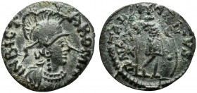 Ostrogoths, Athalaric (526-534); AE 10 Nummi (g 2,71; mm 18; h 6); Rome mint. Helmeted and cuirassed bust of Roma r.; Rv. Athalaric, in miltary attire...