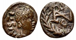 Ostrogoths, Athalaric (526-534); AE Nummus (g 0,74; mm 9; h 6). Rome, in the name of Justinian. Diademed, draped and cuirassed bust of Justinian r.; R...
