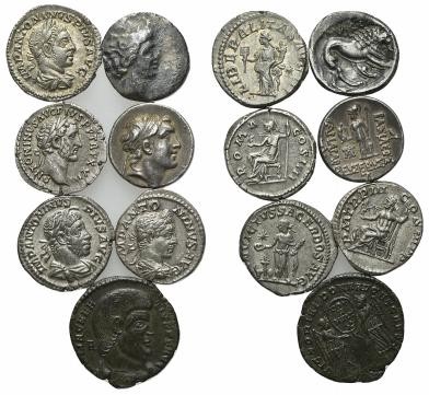 Lot of 7 Greek and Roman Imperial AR and Æ coins, including Massalia, Antoninus ...