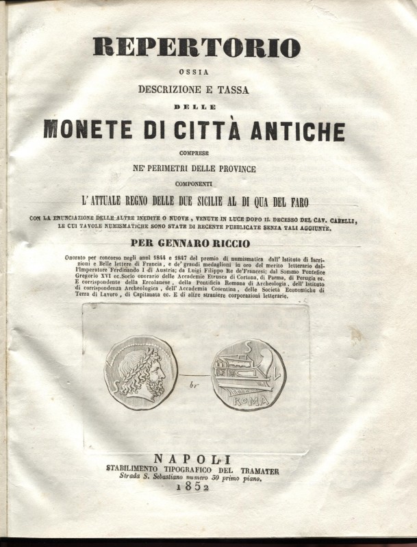 RICCIO G. - Repertorio ossia descrizione e tassa delle monete di città antiche c...