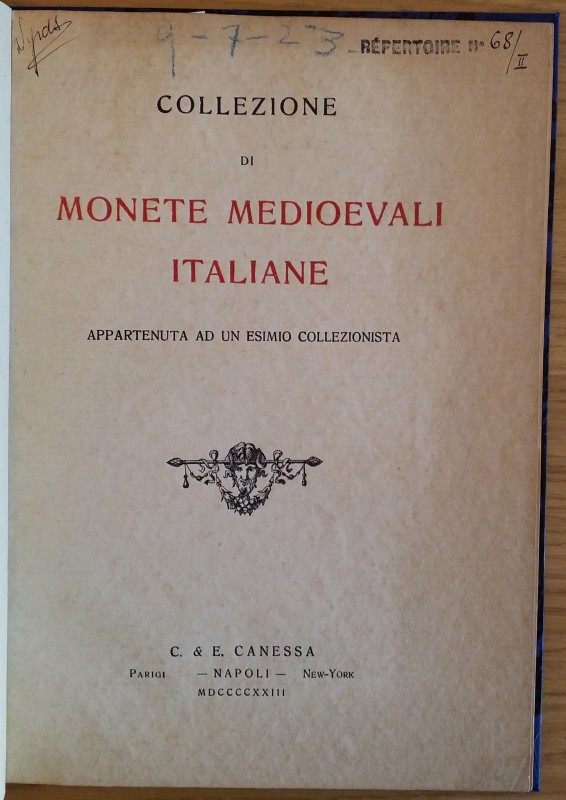 CANESSA C. &E. – Napoli, 9- Luglio.-1923. Collezione di monete medioevali appart...