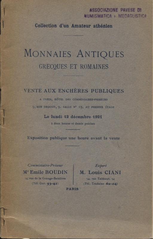 CIANI – BOUDIN. – Monnaies Antiques Greques et Romaines. Collection d’un Amateur...