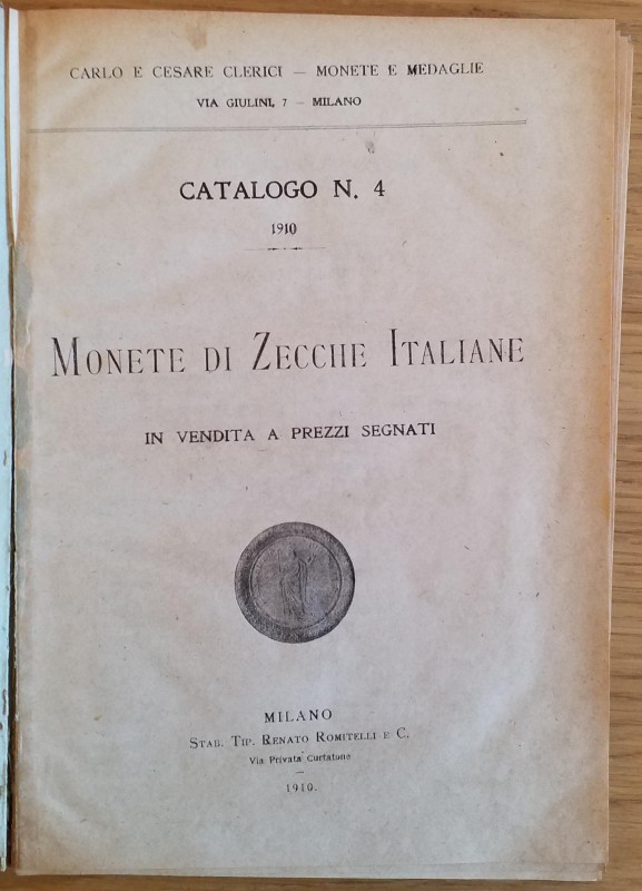 CLERICI C. & C. – Milano, 1910. Catalogo n° 4 a prezzi segnati di monete di zecc...