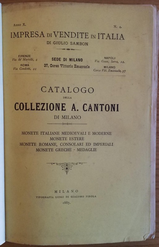 SAMBON GIULIO – Milano 25-4-1887. Catalogo della collezione A. Cantoni di Milano...