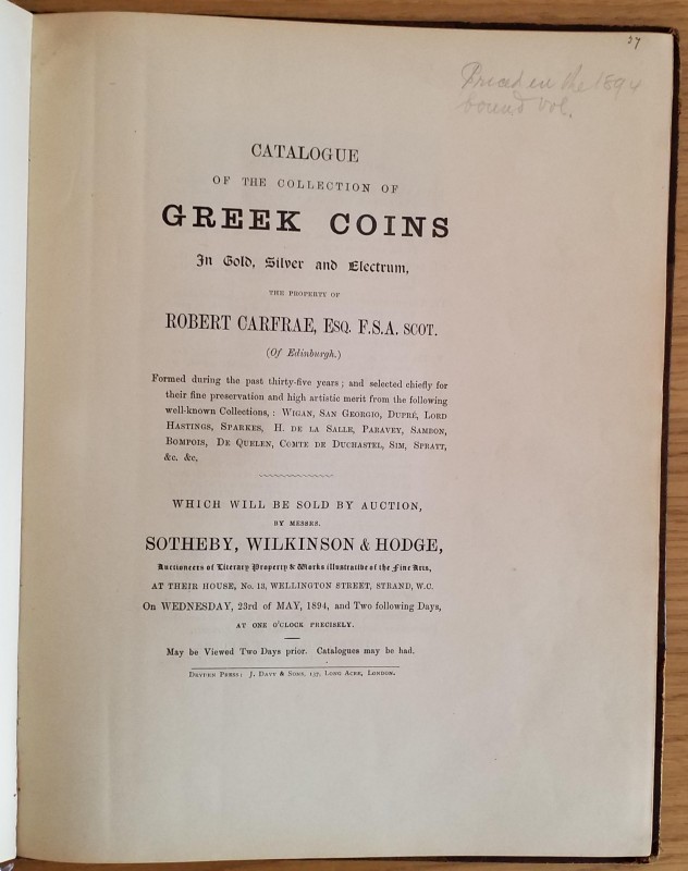 Sotheby, Wilkinson & Hodge Catalogue of the Collection of Greek Coins in Gold, S...