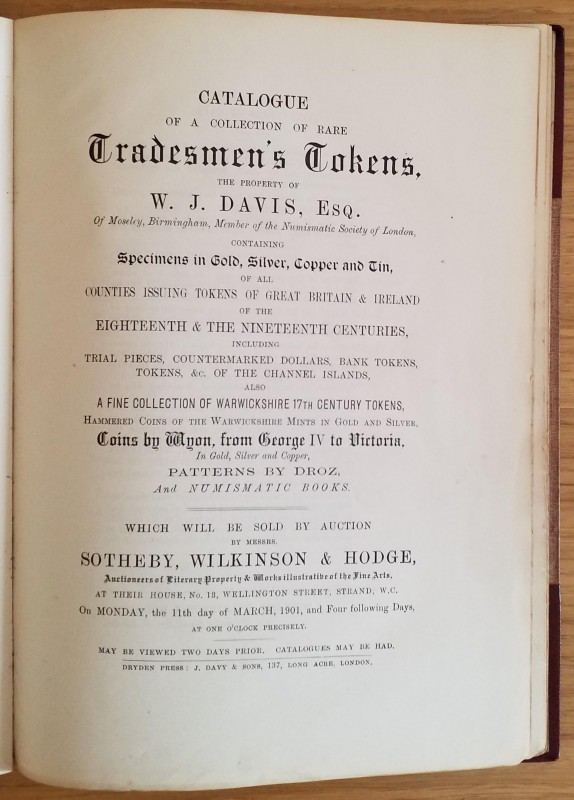 Sotheby, Wilkinson & Hodge Catalogue of a Collection of rare Tradesmen's Tokens,...