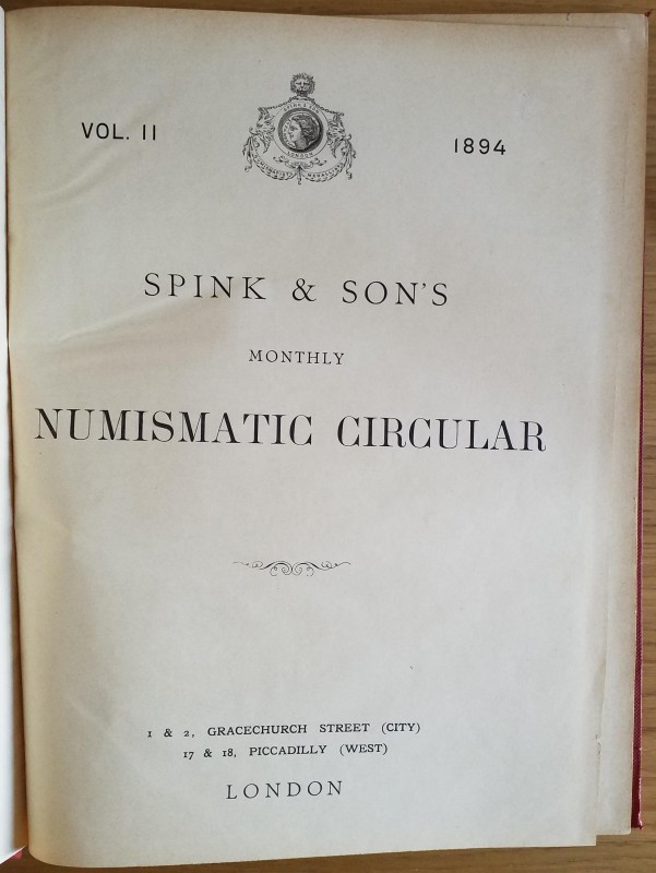 Spink & Son's Numismatic Circular Annata completa. 1894. Tutta Tela con titolo a...