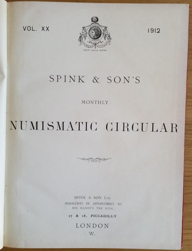 Spink & Son's Numismatic Circular Annata completa. 1912. Mezza Pelle con titolo ...