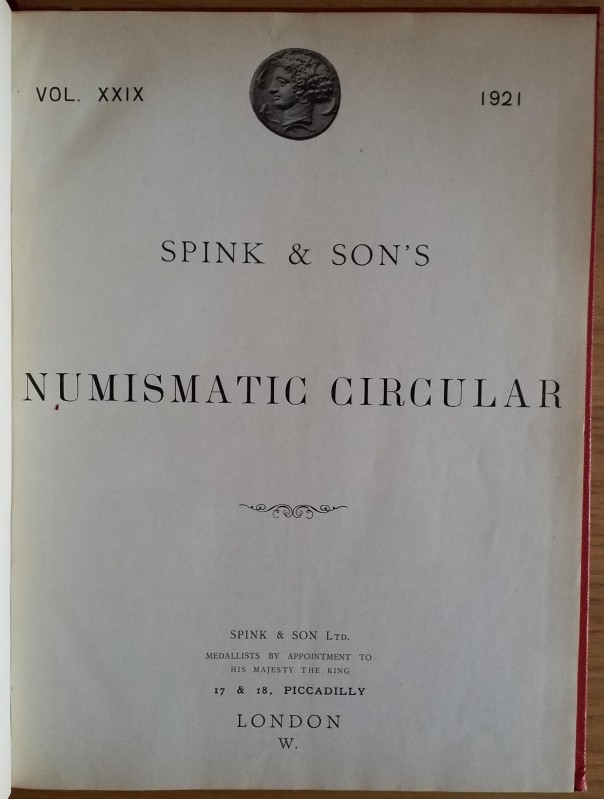 Spink & Son's Numismatic Circular Annata completa. 1921. Mezza Pelle con titolo ...