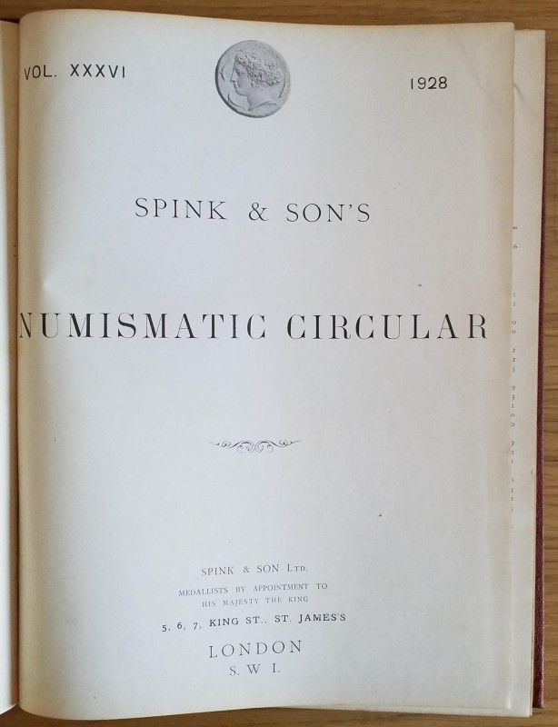 Spink & Son's Numismatic Circular Annata completa. 1928 Mezza Pelle con titolo a...