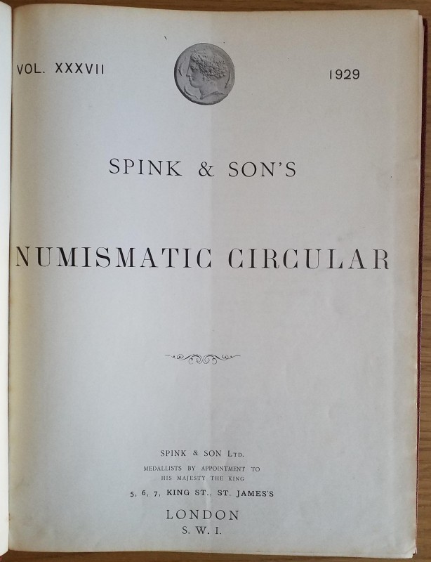 Spink & Son's Numismatic Circular Annata completa. 1929 Mezza Pelle con titolo a...