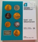SBV Auktion 26 Gold- und Sibermunzen. Basel 22-23-24 Januar 1991. Cartonato ed. pp. 418, lotti 2564, tavv. 4 di ingrandimenti a colori. Ottimo stato