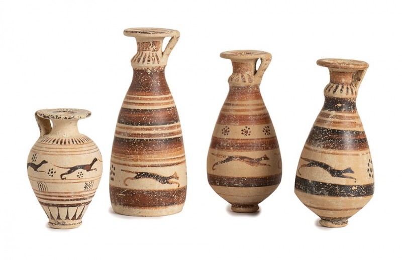 Collection of Four Etrusco-Corinthian Aryballoi, 7th century BC; height max cm 1...