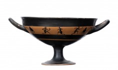 Attic Black-Figure Band Kylix with Athletes, ca. 550 - 525 BC; height cm 13, diam. cm 22; Foot completely restored. Provenance: Property of a gentlema...