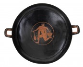 Large Attic Red-Figure Kylix, Manner near to the Proto-Panaitian Group, ca. 500 - 490 BC; height cm 11, diam. cm 29; Into the central tondo, delined b...