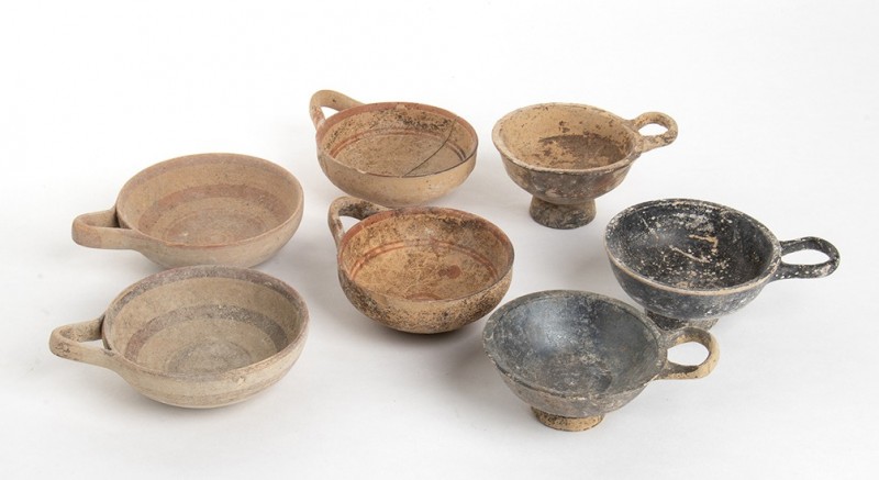 Group of Seven Daunian and Apulian Handled Bowls, 5th - 3rd century BC; height m...