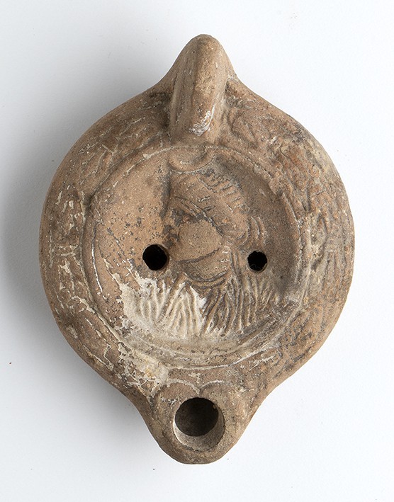 Roman Oil Lamp with Luna, 1st - 2nd century AD; height cm 5, length cm 12. Prove...