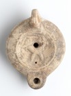 Roman Oil Lamp with Cornuacopiae, 1st - 2nd century AD; height cm 5, length cm 10. Provenance: From the collection of a Diplomatic family since 1980s.