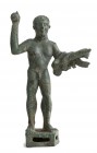 Italic Bronze Statuette of Herakles brandishing a Club, 4th - 3rd century BC; height cm 16; The hero is rapresented standing on a rectangular stand, w...