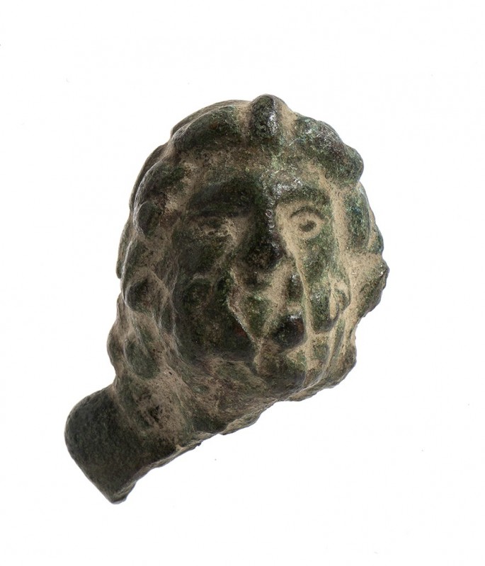 Roman Bronze Jupiter Head Applique, 1st - 2nd century AD; height cm 4,3; Nice gr...