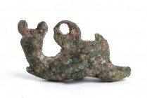 Roman Bronze Dolphin-Shaped Pendant, 1st - 2nd century AD; length cm 4,3; amazing patina. Provenance: English private collection, acquired by the curr...