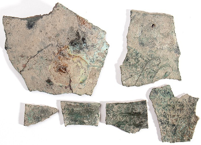 Group of Six Pieces of a Roman Military Diploma, 4th century AD; height max cm 9...