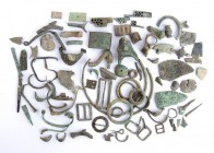 Group of Several Roman Bronze Elements, 1st - 4th century AD; length max cm 12; Composed by three rings, belt elements, horse harness, tricuspidate tw...