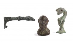 Group of Three Roman Bronze Decorative Elements, 1st - 3rd century AD; height max cm 5,5 - min cm 3,4; Composed by a dolphin, a little herm and an han...