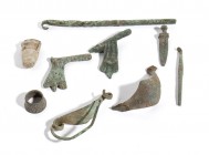 Group of Nine Mostly Roman Bronze and Lead Items, 3rd century BC - Medieval (the thimble); length max cm 12,5 - min cm 2. Provenance: English private ...