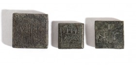 Group of Three Byzantine Bronze Weights, 8th - 11th century AD; length max cm 2,2 - min cm 1,5. Provenance: English private collection.
