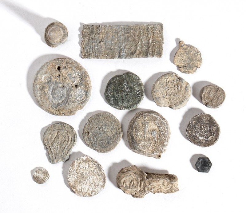 Group of Fifteen Byzantine Bronze and Lead Weights, 4th - 9th century; length ma...