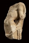 Roman Marble Herm with a Sleeping Satyr, 1st - 2nd century AD; height cm 32 (cm 33,5 with Iron support); A small torso of a naked male figure, natural...