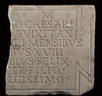 Roman Marble Funerary Inscription on Tabula Ansata, 1st - 2nd century AD; height cm 30,5 (with support); length cm 25,8; wide cm 3,5. Provenance: From...