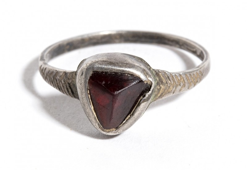 Reinassance Silver Ring with Red Glass, 15th - 16th century; diam cm 2. Provenan...