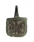 Paleochristian Bronze Pendant, 4th - 8th century; height cm 3,5, length cm 2,4; Decorated with the St. Andrew's Cross and latin monograms. Provenance:...