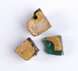 Three Byzantine Glass-Paste Mosaic Squares with Gold Leaf, 9th - 11th century; length max cm 2,3. Provenance: English private collection.