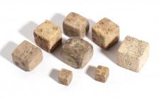 Group of Eight Roman Bone Gaming Dices, 1st - 3rd century AD; height cm max 1,5 - min 0,8. Provenance: English private collection.