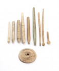 Group of Roman Bone Elements, 1st - 4th century AD; height max cm 8,7; Styles, needles and a stud. Provenance: ex BFA, E-Auction 29, lot 359.
