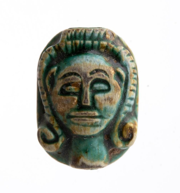 Egyptian Faience Scaraboid Amulet in the Shape of Hator head, Late Period, 664 -...