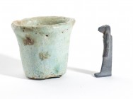Couple of Egyptian Faience Items, Late Period, 664 - 332 BC; height cm 3,2 - diam. cm 3,6; A miniature vessel and an amulet in the shape of Thoth. Pro...