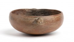 Bowl with Jaguar running around the rim, Ecuador, Bahia Culture, ca. 500 BC - AD 500; height cm 7, diam. cm 16, length max cm 18. With incised body an...