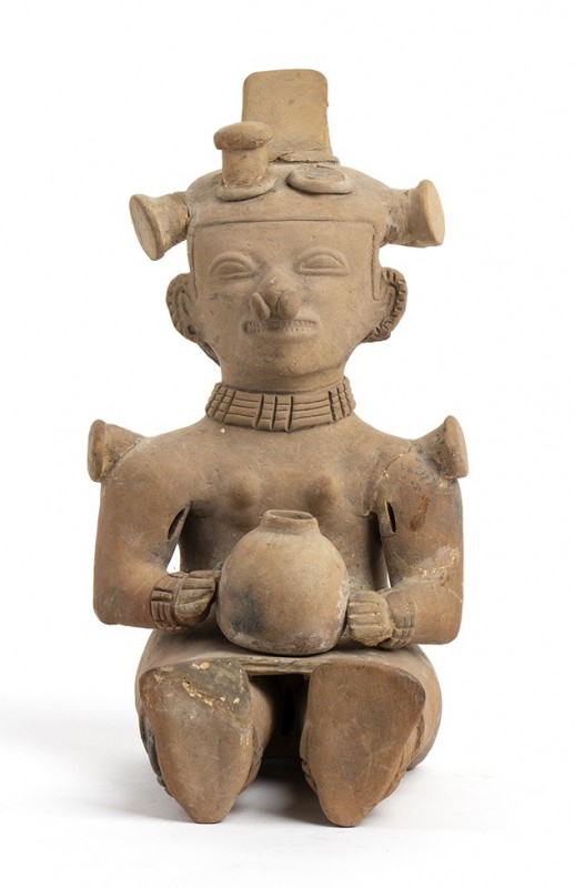 Terracotta Seated Female Statuette holding Jar, Ecuador, Jama-Coaque Culture, ca...