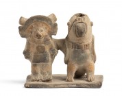 Terracotta Sciaman and Parrot, Ecuador, Jama-Coaque Culture, ca. 6th - 12th century AD; height max cm 8,5, length cm 7,5x9; Traces of the original pol...
