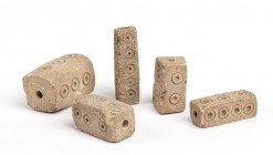 Group of five Terracotta squared elements, Colombia and Ecuador, Tumaco-La Tolita Culture, ca. 4th century BC - 5th century AD; height max 6,9 - min c...