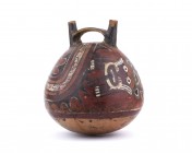 Polychrome double-spouted bowl, Peru, Nazca Culture, ca. 2nd - 6th century AD; height cm 20,5. Provenance: From the Marino Taini collection, Milan; Wi...