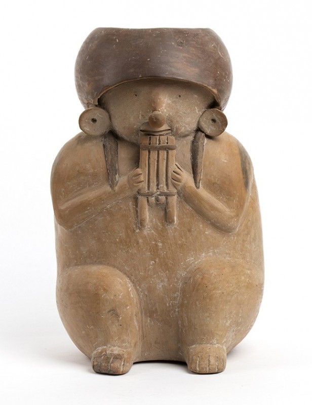 Jar in the shape of a Musician playing pan pipe, Perù, Chancay Culture, ca. 11th...