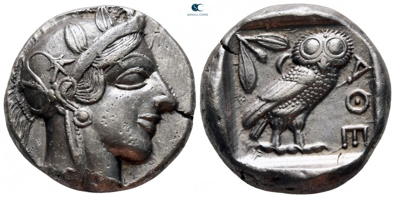 Attica. Athens circa 454-404 BC. 
Tetradrachm AR

25 mm, 17,14 g

Head of A...