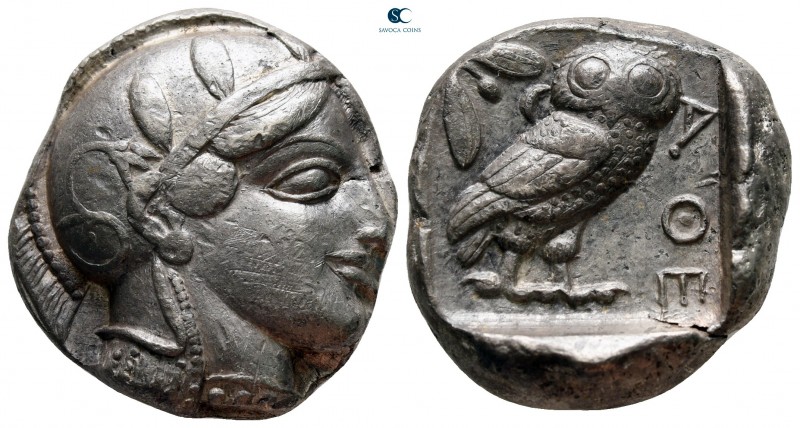 Attica. Athens circa 454-404 BC. 
Tetradrachm AR

24 mm, 17,22 g

Head of A...